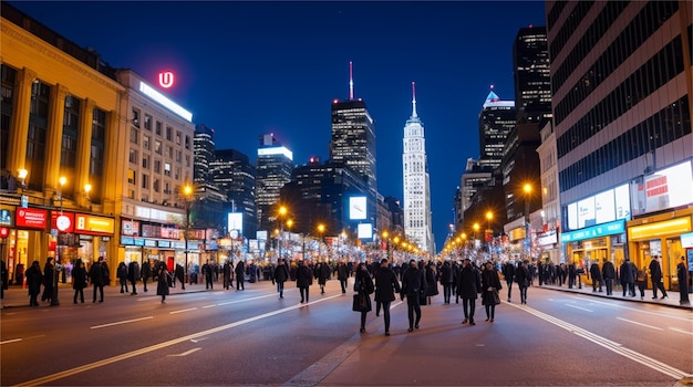 A busy street with a large building with the letter u on it