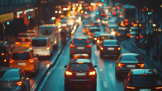 Photo a busy street with many cars and a blurry background moving at a slow pace