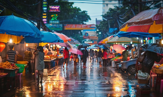 a busy street with many umbrellas and people walking in the rain