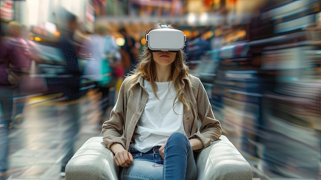 Busy street with people walking by and young woman wearing VR headset sitting on couch