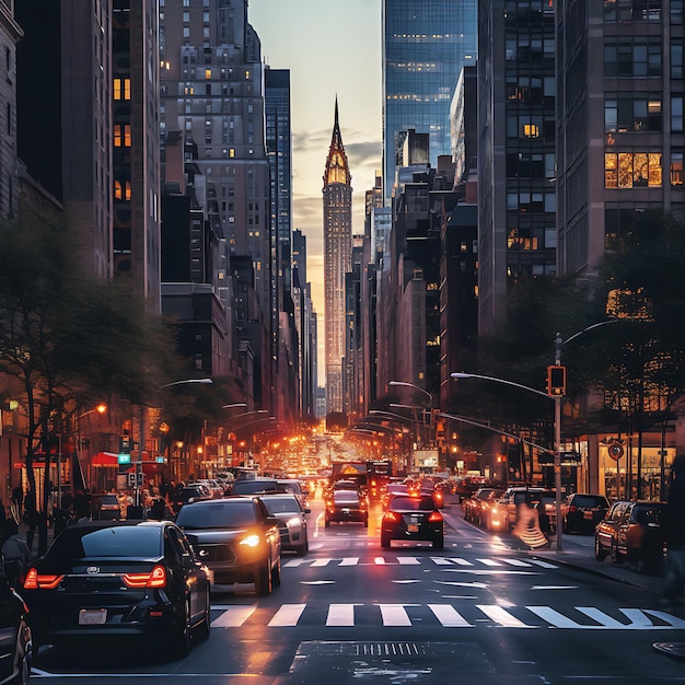 A busy street with a tall building and a clock tower on the top.