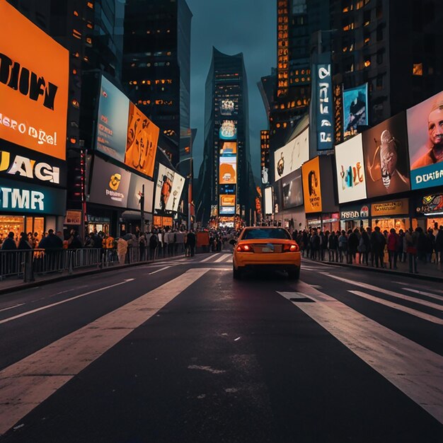 a busy street with a yellow taxi cab driving down it