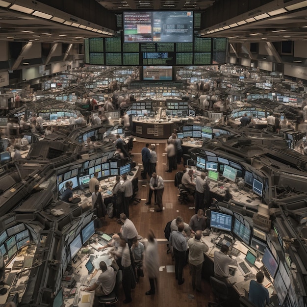 A busy trading floor with a large screen showing the time of 11 : 30.