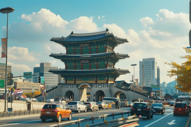 Busy traffic at Namdaemun gate in Seoul South Korea