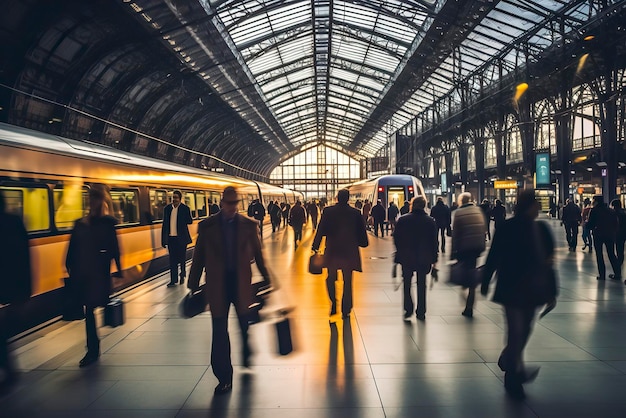 A busy train station with commuters walking