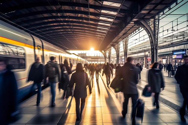 A busy train station with commuters walking