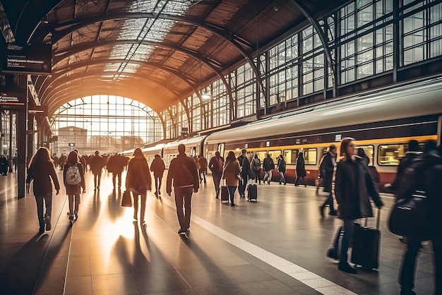 A busy train station with commuters walking