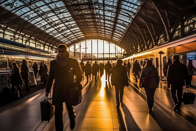 A busy train station with commuters walking