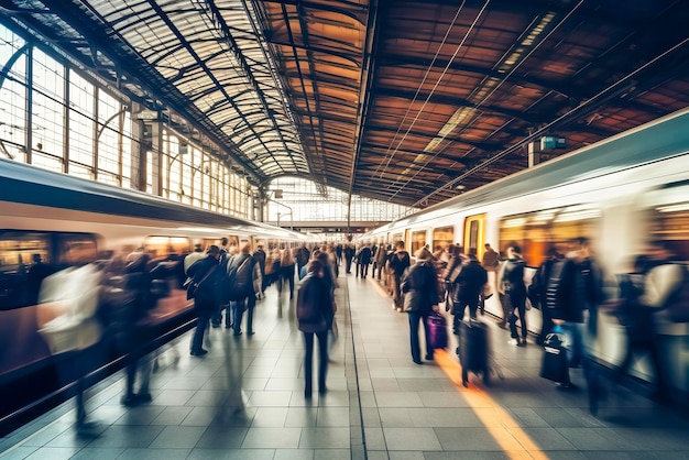 A busy train station with commuters walking