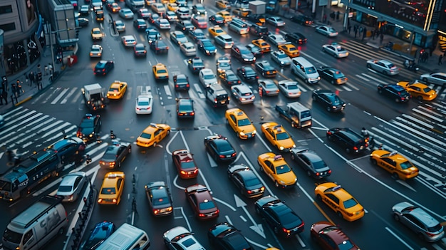 Busy urban intersection filled with cars and taxis during rush hour in a bustling city