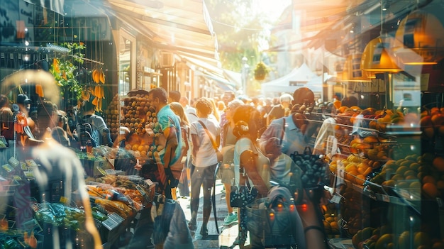 Photo busy urban summer market scene bustling with people from various professions double exposure e