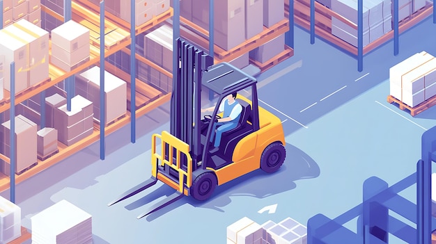 Photo busy warehouse with shelves of boxes yellow forklift in action organized and detailed setting