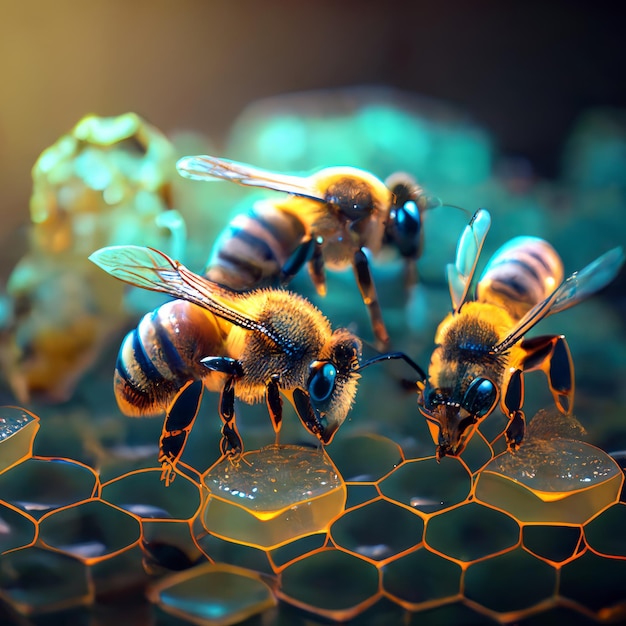 Busy worker bees on the honey combs Three bees on the wax cells Neonlit dark backdrop in blur Generative AI