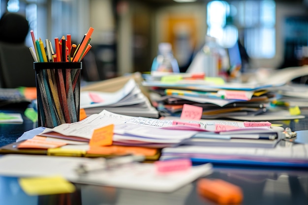 Busy workplace A large amount of stationery paper documents books and stickers lie on the table