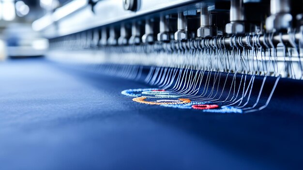 Photo a busy workshop filled with fabrics is home to an embroidery machine which stitches vibrant designs onto caps