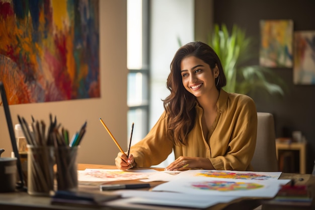 Busy young Indian woman wearing headphones working on laptop looking at screen making video call