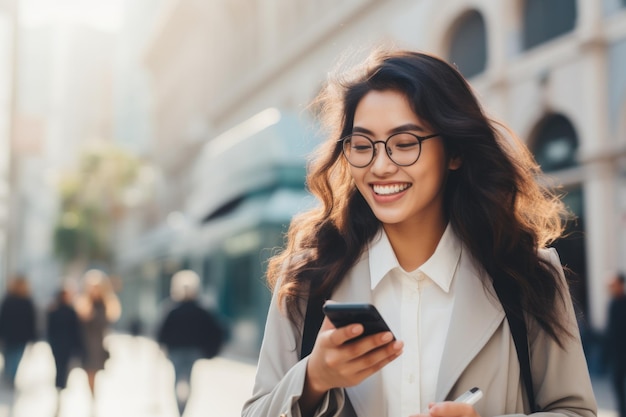 Busy young professional Asian businesswoman holding mobile phone walking on a big city street