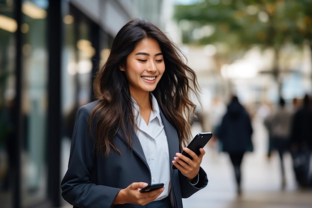 Busy young professional Asian businesswoman holding mobile phone walking on a big city street