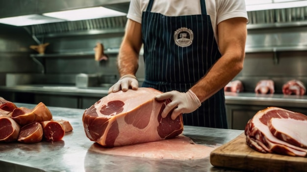 Photo butcher boning a ham in a modern butcher shop