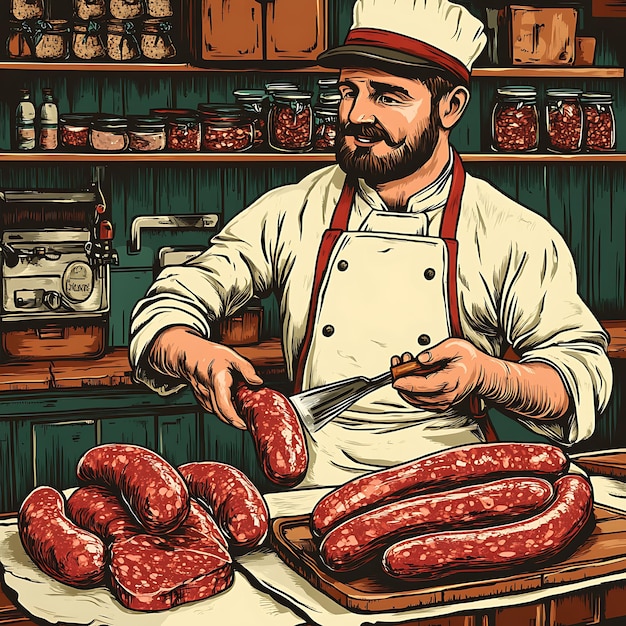 Photo butcher in a butcher shop preparing sausages for sale