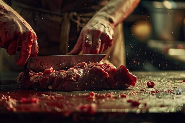 Photo butcher cutting fresh meat in pieces close up