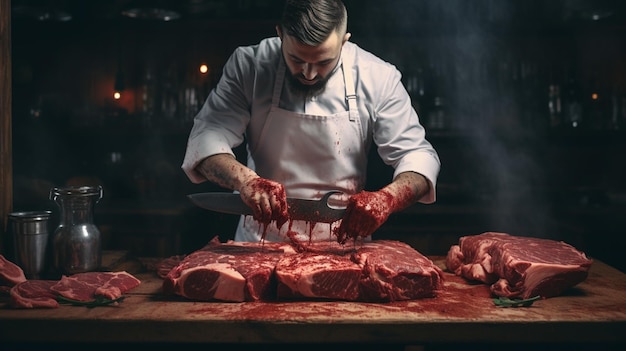 Butcher cutting meat on the table