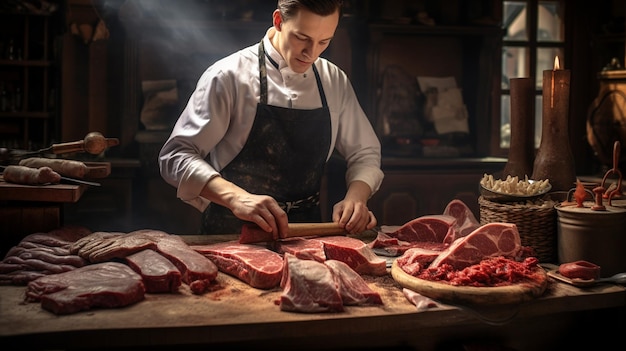 Butcher cutting meat on the table