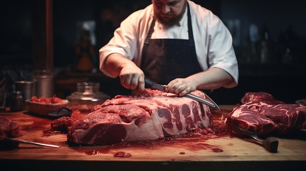 Butcher cutting meat on the table