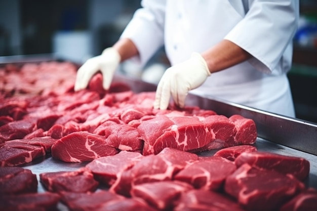 Butcher preparing meat at market Demonstrates food industry concept