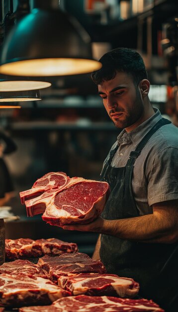 Photo butcher presenting fresh tomahawk steak to customers in a welcoming shop environment