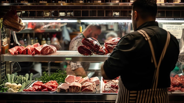 Photo a butcher in a striped apron stands at a meat counter considering a side of beef he is wearing a black shirt and cap