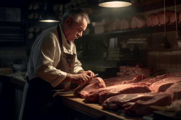 Butcher working in a butcher shop Created with generative AI technology