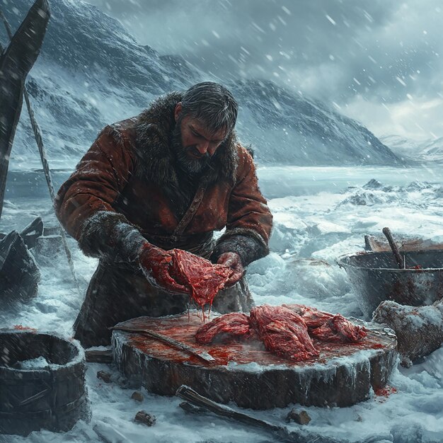 Butcher Working in a Frozen Tundra Market