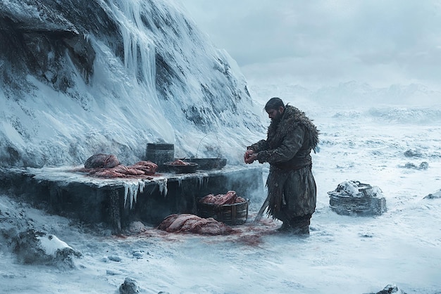 Butcher Working in a Frozen Tundra Market