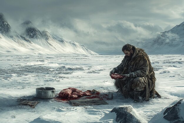 Photo butcher working in a frozen tundra market