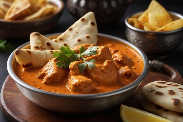 Butter chicken being served with a side of naan chips