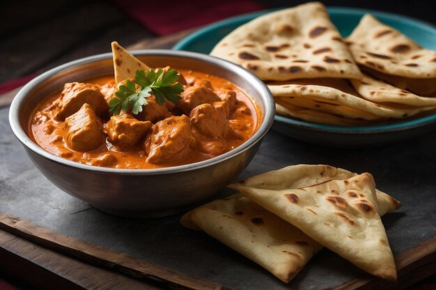 Butter chicken being served with a side of naan chips