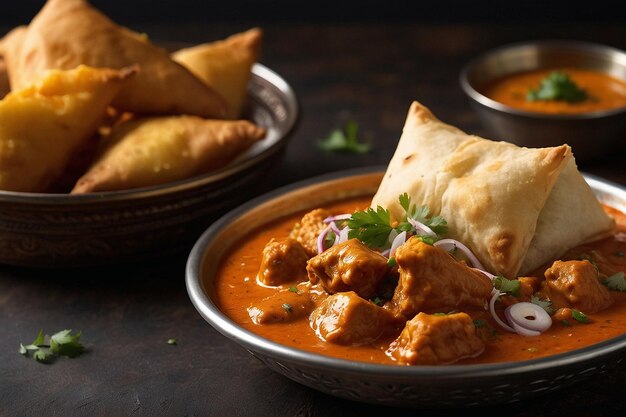 Butter chicken being served with a side of samosa cha