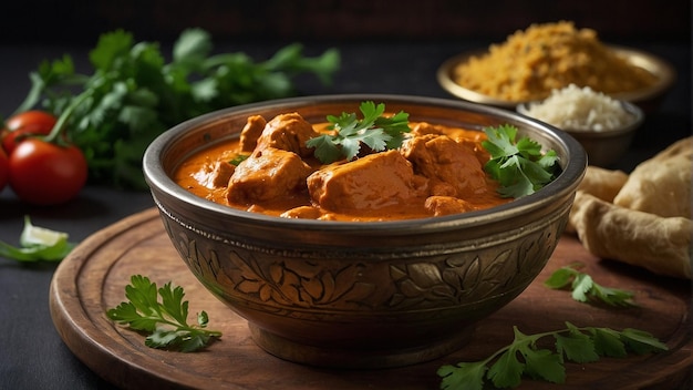 Butter chicken in a bowl with a garnish of fenugreek l