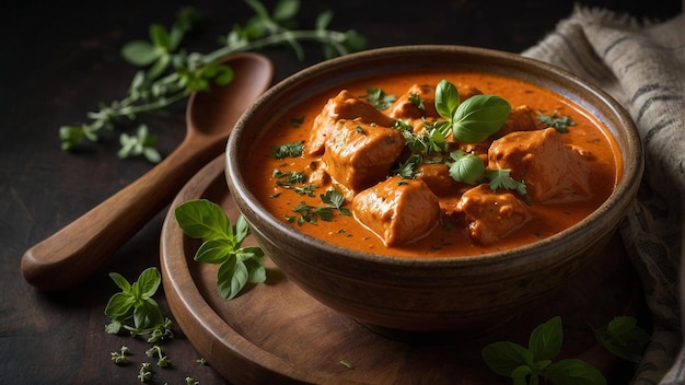 Butter chicken in a bowl with a garnish of fresh orega