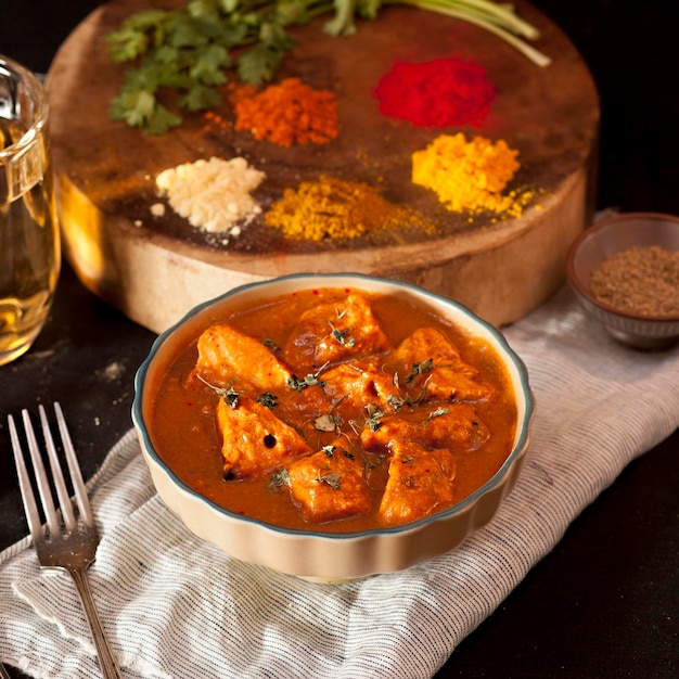 Butter Chicken, Indian food, spice, Bowls and plates with indian food top view