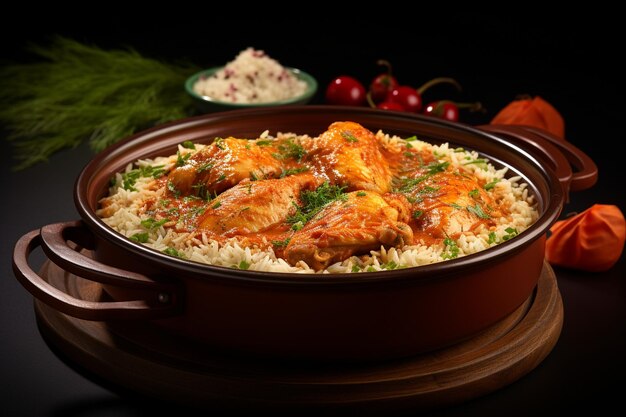 Butter chicken served in a decorative ceramic dish with a swirl of cream