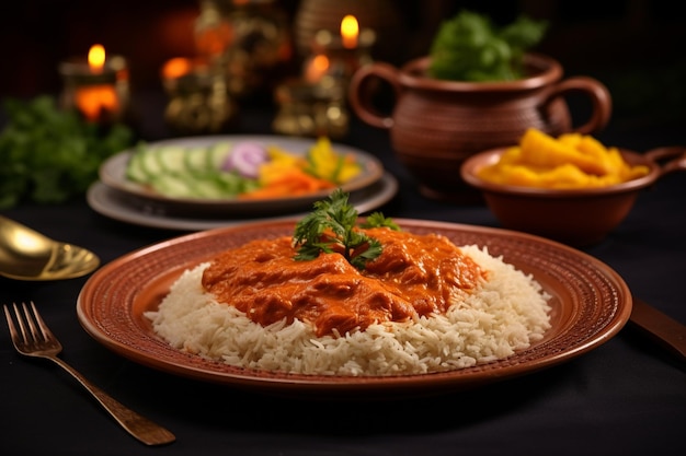 Butter chicken served on a decorative plate with a side of saffron rice