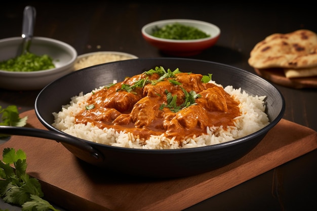 Butter chicken served with a side of fragrant saffron rice in a modern bowl