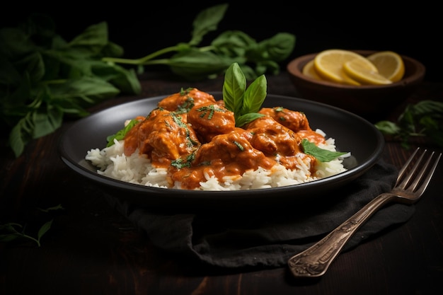 Butter chicken in a traditional Indian bowl with a sprinkle of fresh herbs