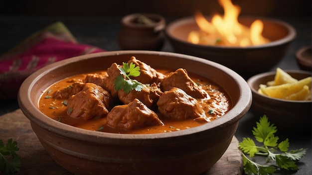 Butter chicken in a traditional Indian clay pot realis