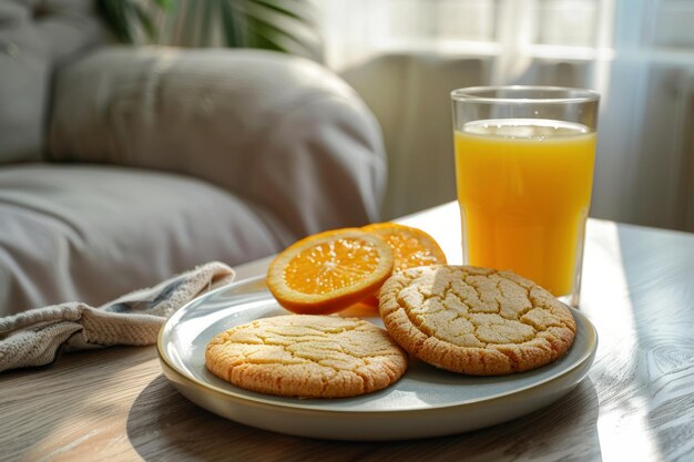 Butter cookie and orange juice on the table Generative AI