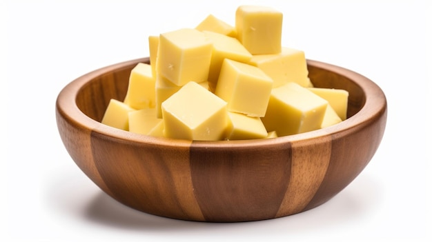 Butter cubes in wooden bowl isolated on white background with full depth of field