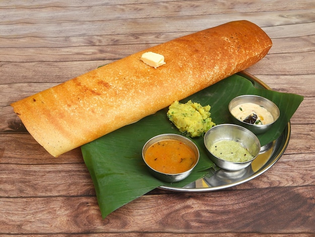 Butter Masala dosa a south Indian traditional and popular crepe with filling of a mixture of mashed potatoes and fried onions with a butter topping served with chutney and sambar selective focus