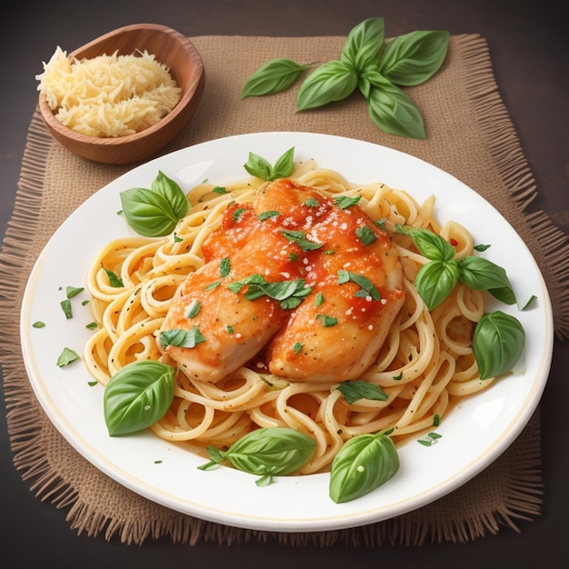 Butter pasta in tomato sauce with chicken